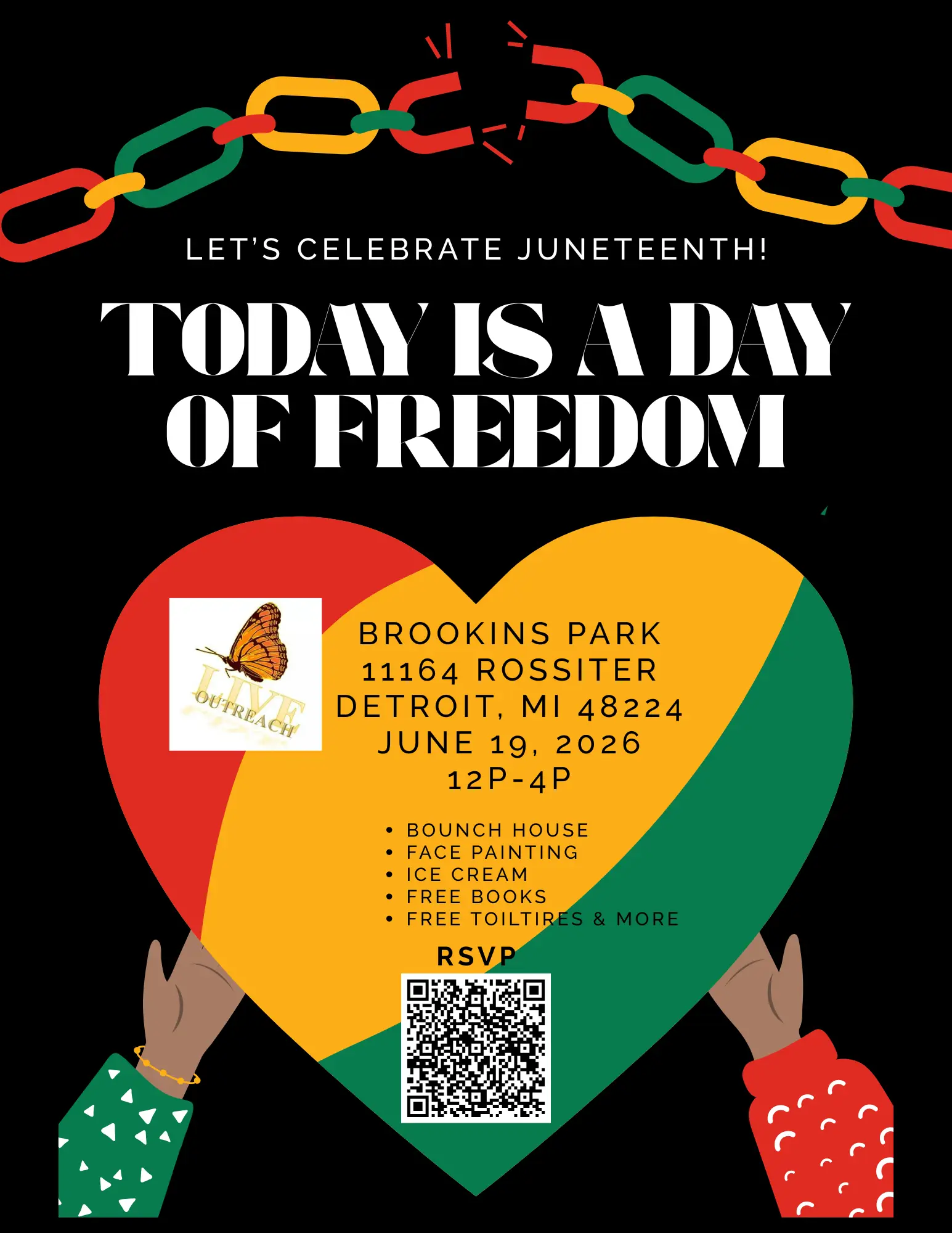 Flyer for The L.I.V.E. Outreach Jubilee on June 19, 2026 at Brookins Park in Detroit, featuring a heart in red, black, and green with a monarch butterfly, red and green chain links, and a list of activities including bounce house, face painting, ice cream, free books, and free toiletries